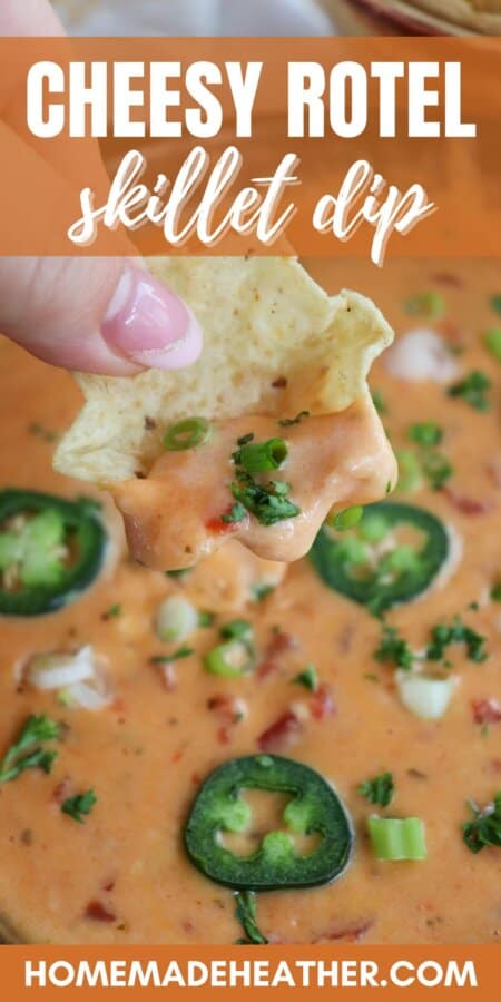 Cheesy rotel dip with no meat in a tortilla scoop held in hand with dip in the background topped with sliced jalapenos and diced green onion with a text overlay.