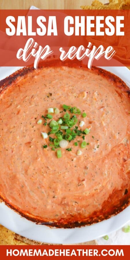 Creamy dip made from salsa and cheese in a white baking dished topped with diced green onions in the center with text overlay.