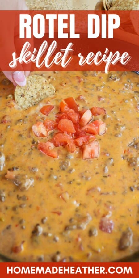 Creamy cheese dip with ground beef and tomatoes in a cast iron skillet topped with fresh diced tomatoes in the center with text overlay.