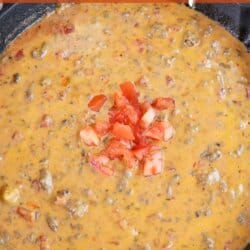 Creamy cheese dip with ground beef mixed and melted in a skillet topped with diced tomatoes and surrounded by round tortilla chips.
