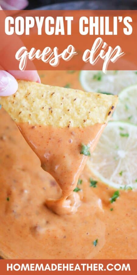 A triangle shaped tortilla chip being dipped into a skillet of cheesy queso with slices of lime on top in the background with text overlay.