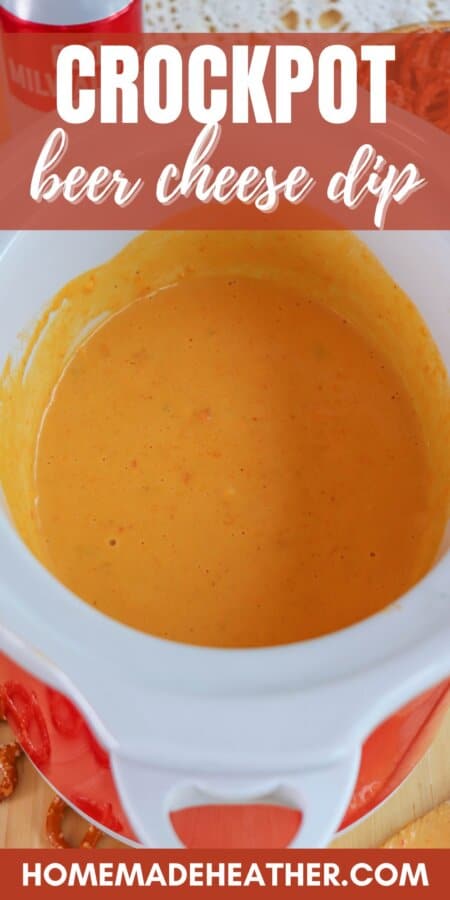 Cheese dip in a small white crockpot surrounded by pretzels with text overlay.