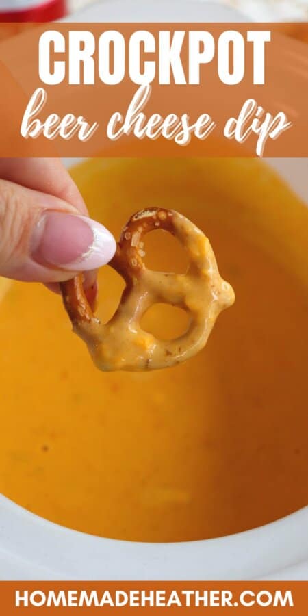 A pretzel being dipped in creamy cheese sauce in a small white crockpot with text overlay.