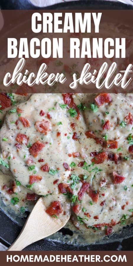 Creamy Bacon Ranch Chicken close up in a cast iron skillet.