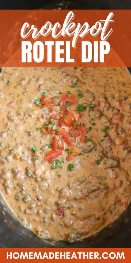Cheesy dip with diced tomatoes and ground beef in a black crockpot topped with fresh diced tomatoes and parsley with text overlay.