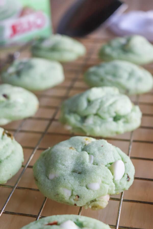 Pistachio Pudding Cookies on a wire rack.