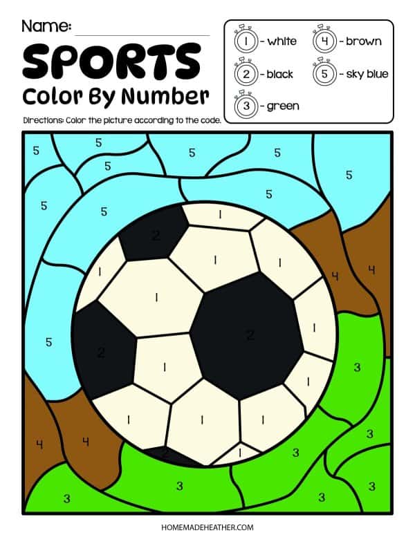 Soccer color by number page colored in with blue, green and brown.