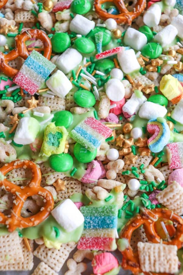 St Patricks Day Snack Mix with Chex cereal and colorful candy.