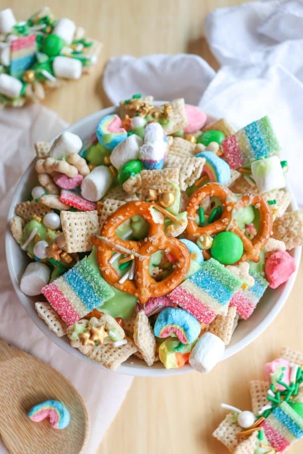 St Patricks Day Snack Mix in a white bowl.