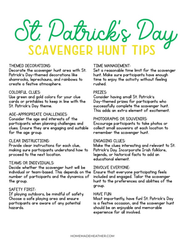 Printable St Patricks Day Scavenger Hunt Tips.