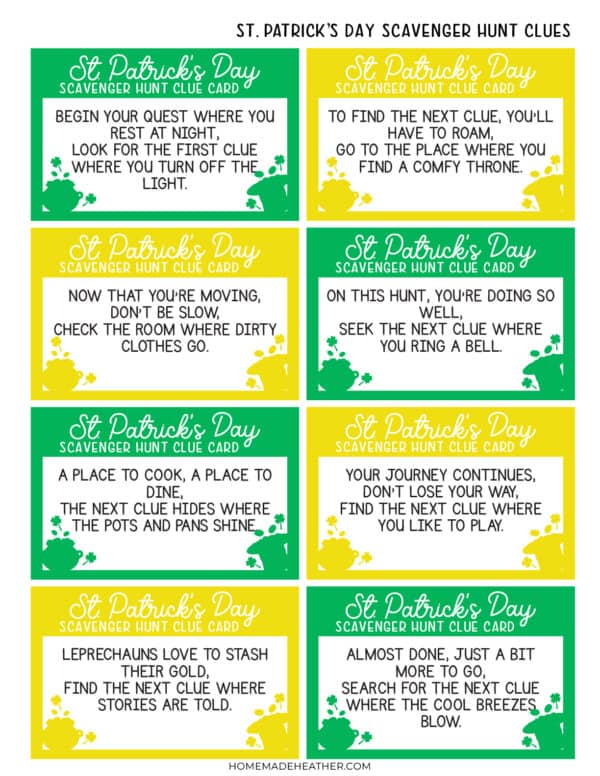 Printable St Patricks Day Scavenger Huny Clue Cards in Green and Yellow.