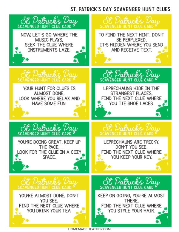 Printable St Patricks Day Scavenger Hunt Clues in Yellow and Green.