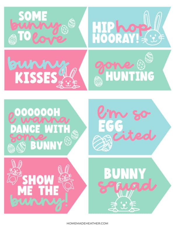 Printable Easter flags in pink, blue and teal colors.