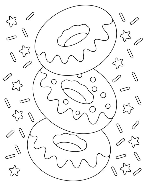 Three donuts stacked and outlined with sprinkles to color.