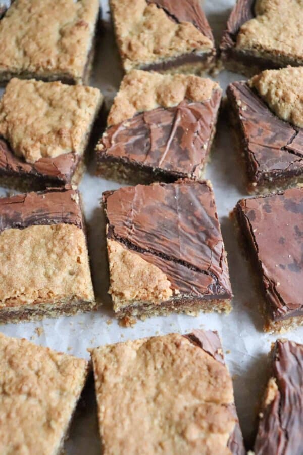 Starbucks Oat Bars made with fudge and oats cut into squares on a piece of parchment paper.