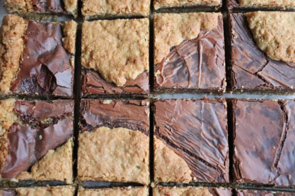 Close up of oat fudge bars cut in squares.