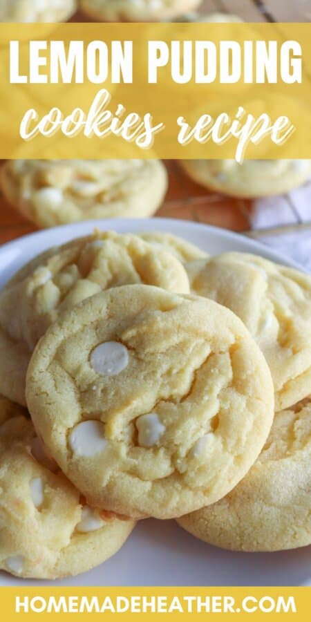 Yellow lemon cookies with white chocolate chips on a white plate with text overlay.