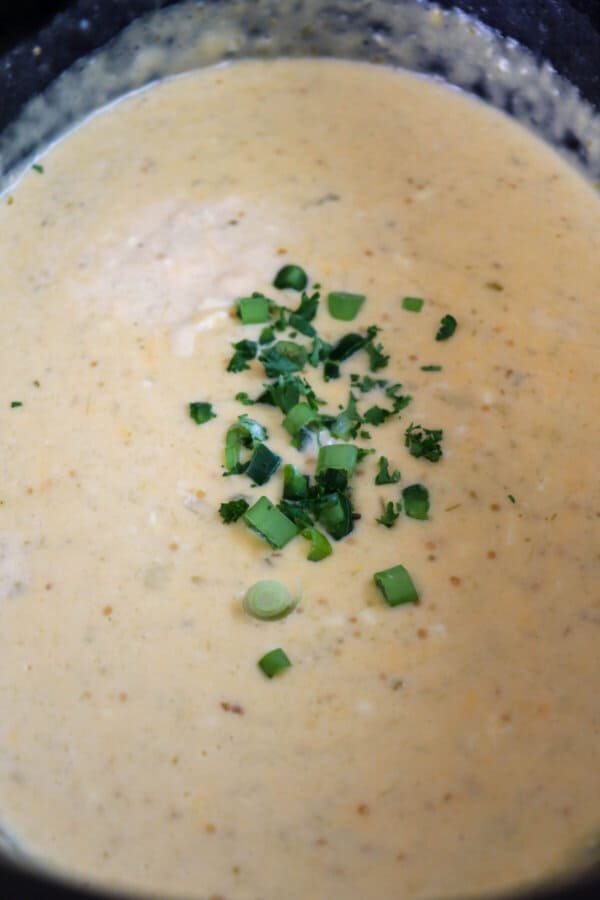 Creamy light orange cheese dip with diced jalapeno & green onion garnish in a black crockpot.