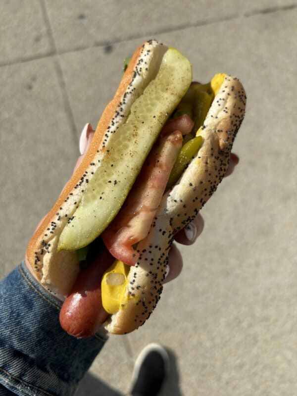 An authentic Chicago dog with poppyseed bun, pickle spear and tomato slice held in a hand.