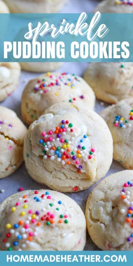 Vanilla pudding cookies with colorful rainbow sprinkles on top.
