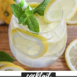 Glass of limoncello spritz with lemon slice garnish and mint leaves with a green and white straw.