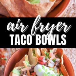 Taco salad topped with shredded cheese, green onion and sour cream in a tortilla bowl.