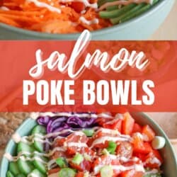 A green bowl with sliced cucumbers, grated carrot, sliced avocado, purple cabbage, diced red pepper with raw cubes of salmon topped with a drizzle of spicy mayo and diced green onion.