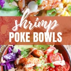 Cooked shrimp in a bowl surrounded by sliced cucumber, corn kernels, cherry tomatoes, sliced avocado and shredded red cabbage drizzled with spicy mayonnaise.