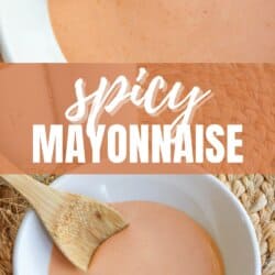 Spicy mayo sauce in a white bowl with a wooden spoon dipped in on the left.