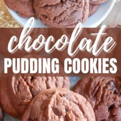 Baked chocolate pudding cookies on a baking sheet and a white plate.