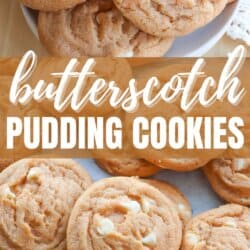 Baked butterscotch cookies with white chocolate chips on a white plate.