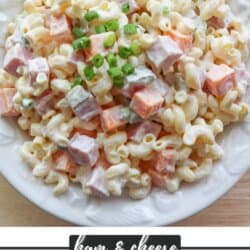 Ham & Cheese Pasta Salad in a white bowl.