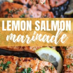 Salmon fillets in a cast iron skillet topped with fresh parsley and lemon slices.