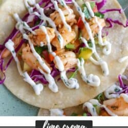 White corn tortilla with shredded red cabbage, fresh salsa and grilled shrimp garnished with a drizzle of cilantro lime crema.