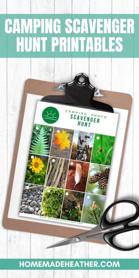 Camping scavenger hunt printable flat lay.