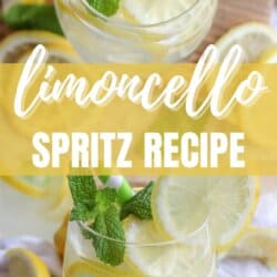 Glass of limoncello spritz with lemon slice garnish and mint leaves with a green and white straw.