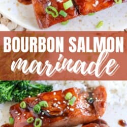 Salmon fillets covered in a rich brown sugar and bourbon glaze topped with green onions and sesame seeds on a white plate.