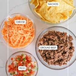 Air Fryer Nacho ingredients in clear class bowls on a white counter.