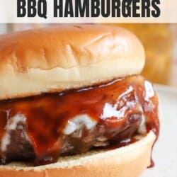 BBQ hamburger with bbq sauce and cheese.