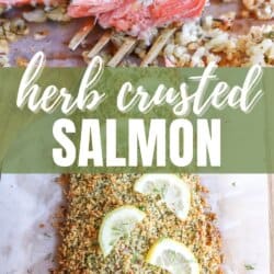 Salmon fillet covered in a crust of panko and herbs on a sheet of parchment paper topped with lemon slices for garnish.