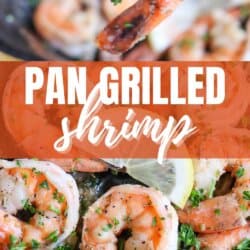 Cooked shrimp in a cast iron skillet garnished with fresh parsley and slices of lemon.