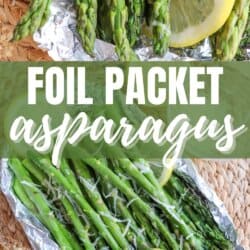 Asparagus spears topped with lemon slices and shredded mozzarella in a foil packet.