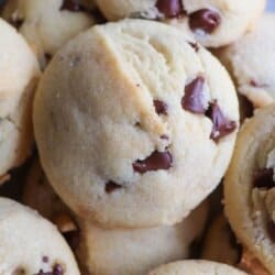 Chocolate chip cookies in a pile.