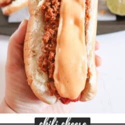 Chili cheese dog held in a hand.
