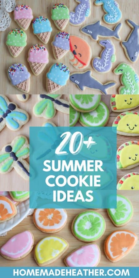 Colorful summer themed cookies on a wooden table with text overlay.