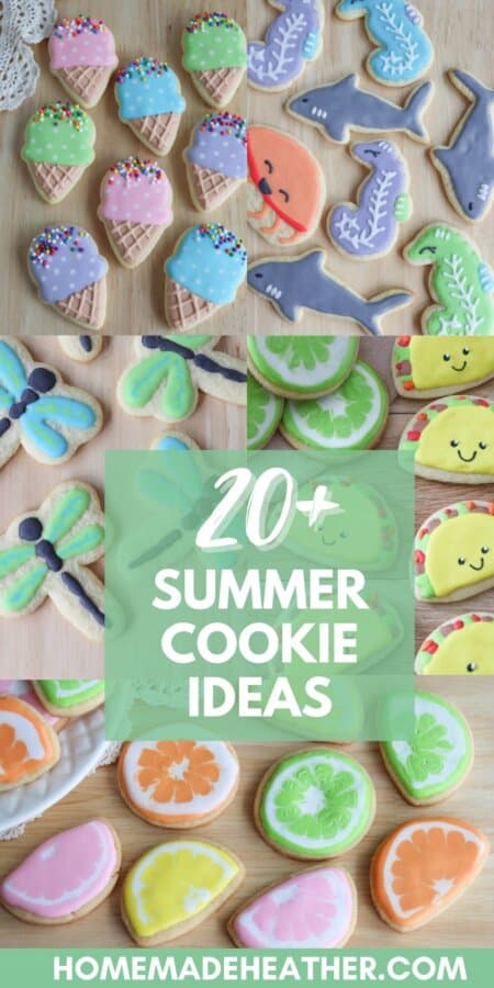 Summer sugar cookies on a wooden table with text overlay.