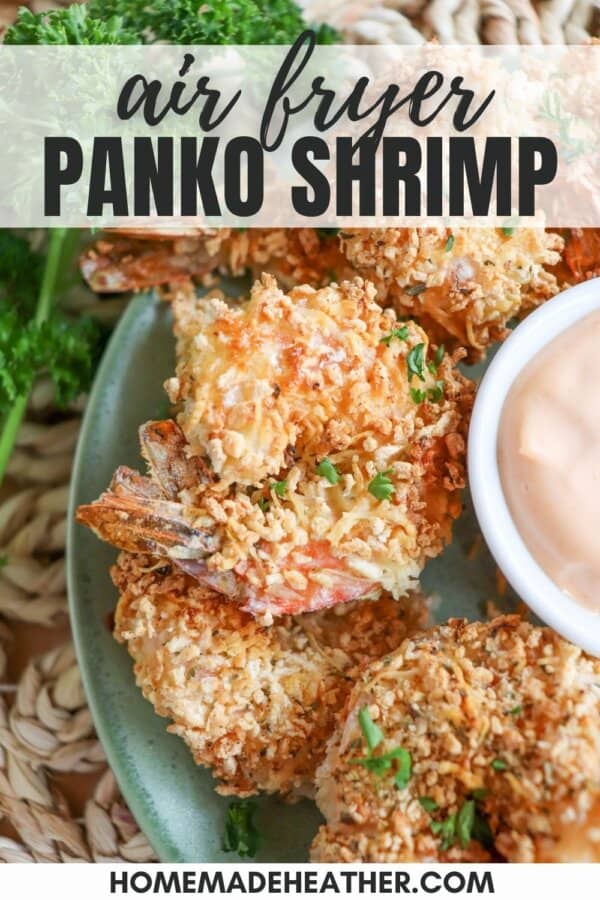 Close up of air fried panko shrimp on a green plate.
