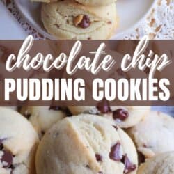 Chocolate chip cookies piled on a white plate.