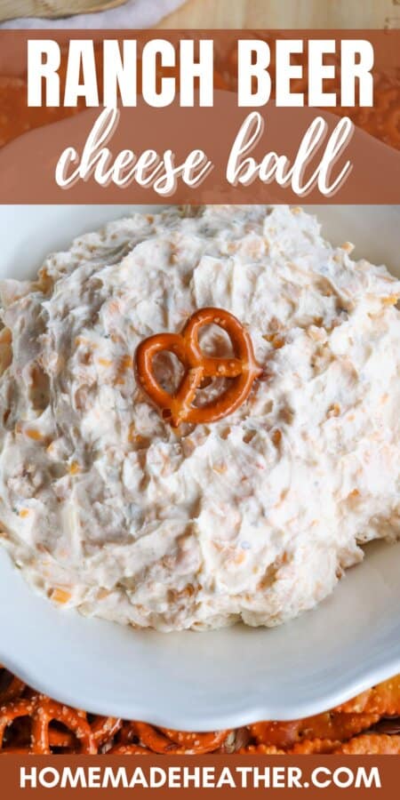 Creamy ranch beer cheese dip in a white bowl, surrounded by pretzels and crackers with a pretzel on top and a text overlay.