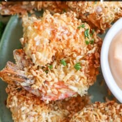 Close up of Panko breaded shrimp on a green plate.
